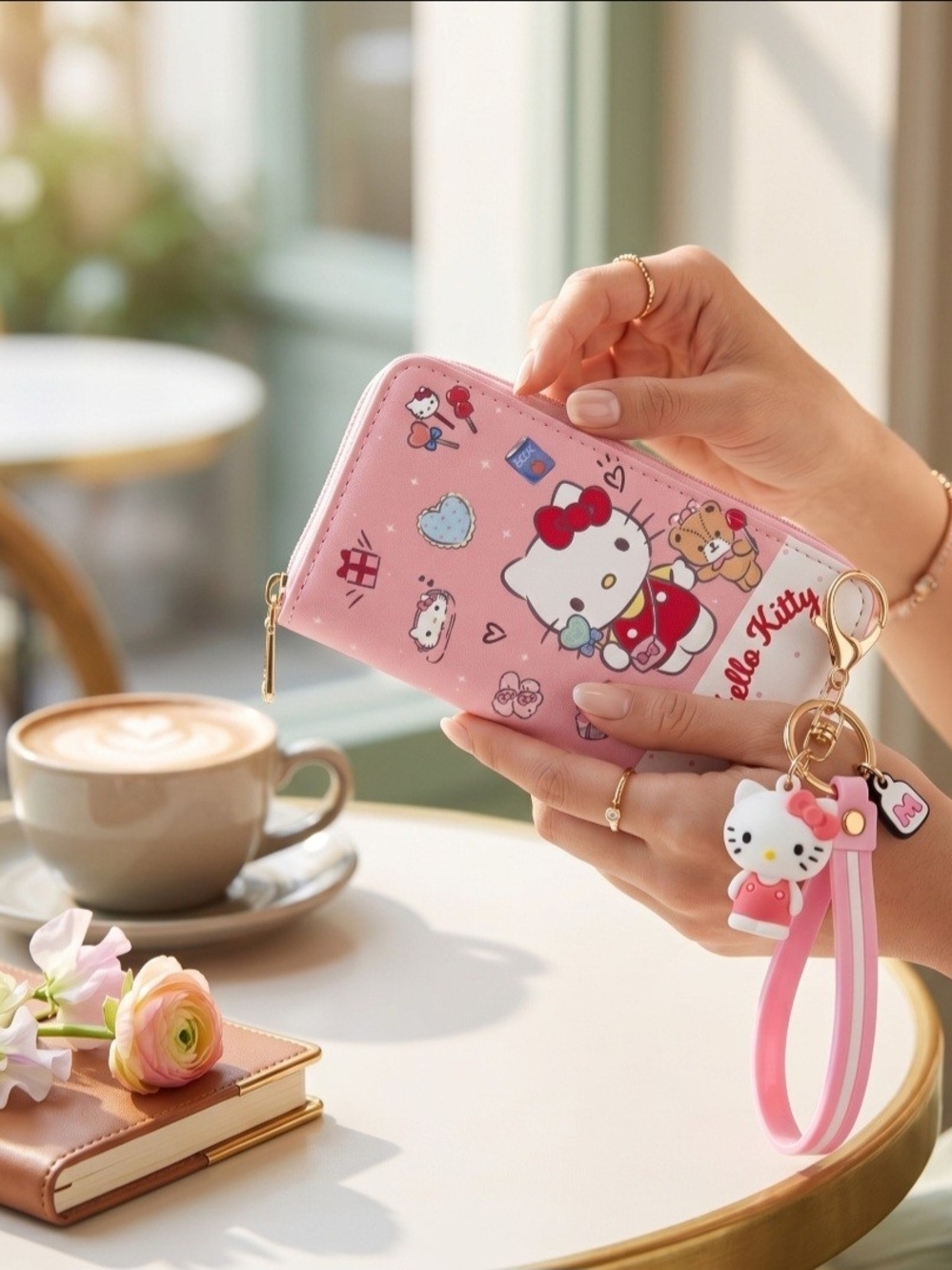 Hello Kitty Pink Zipper Wristlet Wallet with Hello Kitty Keychain- Vegan Leather - Picture 8 of 10